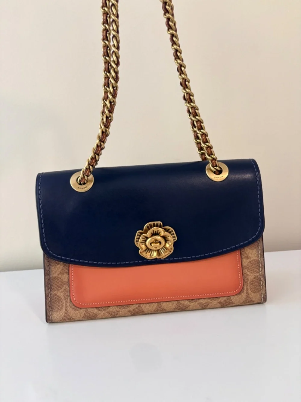 Coach Parker Shoulder Bag with Tea Rose Turnlock in Colorblock Signature Canvas